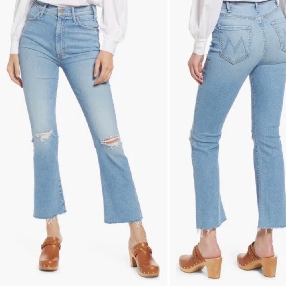MOTHER The Hustler Ankle Fray Jeans Size 27 Light Wash Distressed Kick Flare